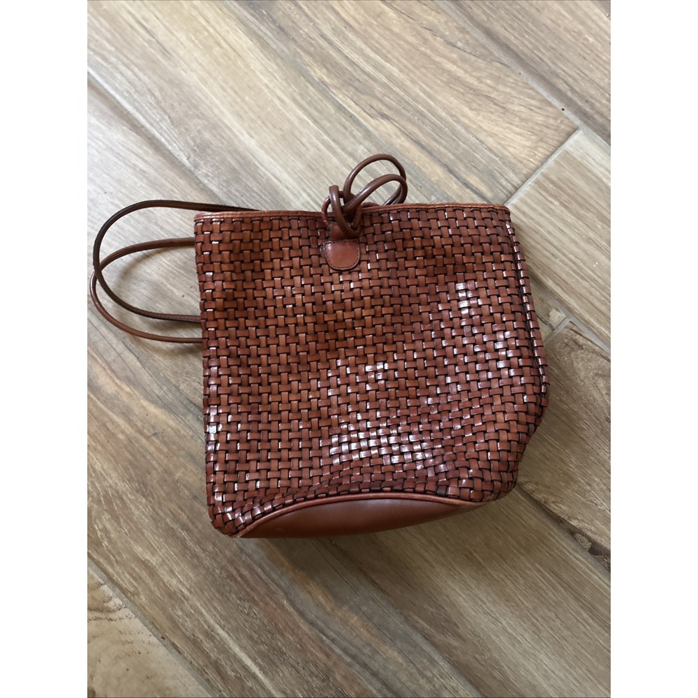 Vintage Valerie Stevens Drawstring Bucket Handbag 11"x11" Brown Leather Weave